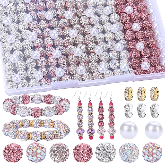 AIPRIDY Jewelry Making Beads Set, 300 PCS 10mm Rhinestone Clay Beads, 8mm Mixed Color Spacer Beads with Pearl and Floral Beads for DIY Jewelry Making (White + Pink Series)