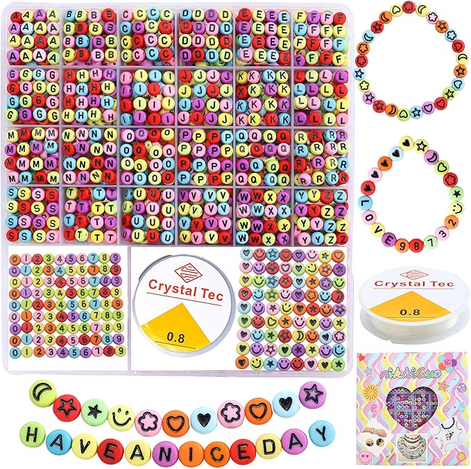nikkiGuo 1250 PCS Letter Beads Kit with Elastic Cord – Alphabet A–Z, Numbers, Heart, Moon, Star, Smiley Beads for Friendship Bracelets & DIY Jewelry (Colorful Beats & Black Letters)