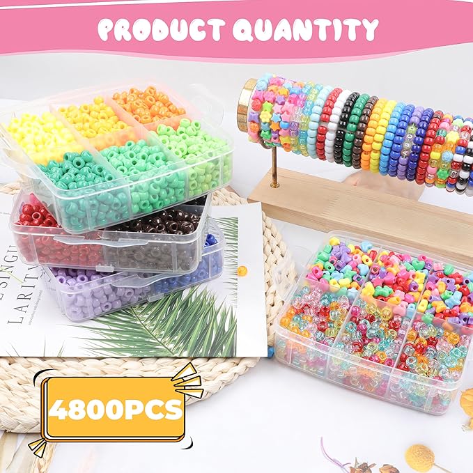 4800 Pcs Pony Beads for Friendship Bracelets 6x9mm 18 Solid 8 Color Shapes 10 Glitter Plastic Beads for Jewelry Making Supplies Necklaces Keychains Hair Braid DIY Craft Accessories