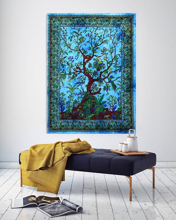 the art box tapestry turquoise tree of life wall hanging – indian cotton small-size bedspread, picnic sheet, wall decor, blanket, wall art for bedroom (30x40 inch)