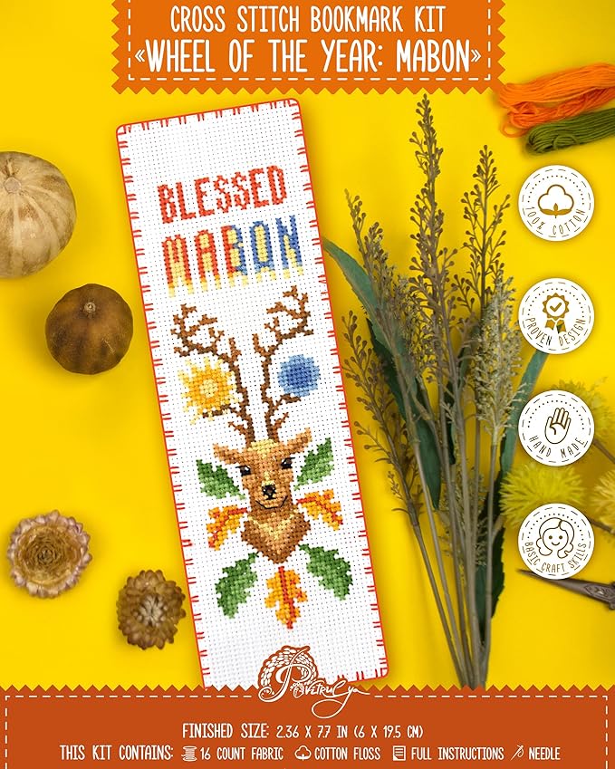 Povitrulya Cross Stitch Bookmark Kit “Mabon“ – Counted DIY Embroidery Set for Adults & Beginners, Autumn Equinox Pagan Wiccan Alban Elfed Harvest Festival Needlework Gift
