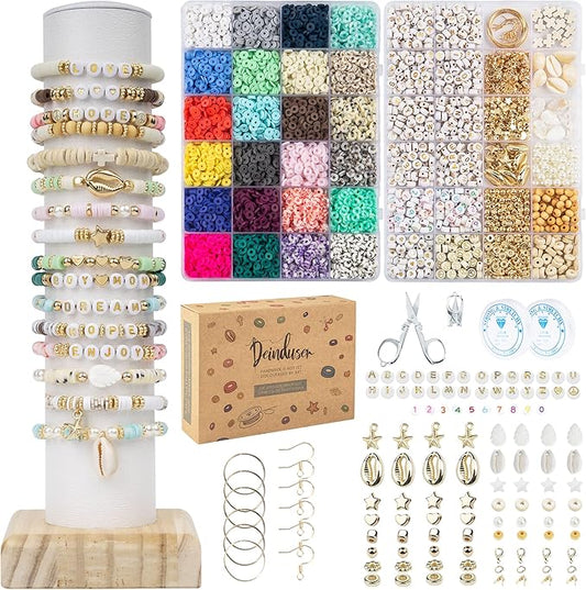 Deinduser Bracelet Making Kit, 7200pcs Clay Beads, 24 Colors 2 Boxes Beads for Bracelets, Clay Bead Bracelet Making kit with Letters, Numbers, Spacers, Ideal Gifts for Holidays