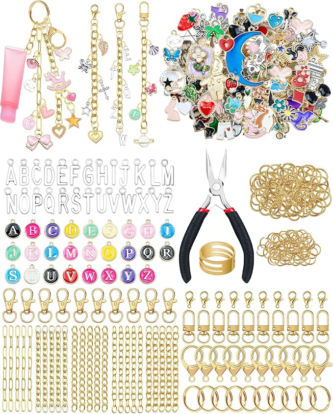 FIVEIZERO 359Pcs Charms Lip Gloss Keychain Making Kit, Charm Making Kit, Bag Charm Kit, Keychain Clips, Lobster Clasps, Jump Rings, Extender Chain & Tools, Keychain Charms for DIY and Jewelry Making
