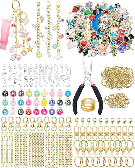 FIVEIZERO 359Pcs Charms Lip Gloss Keychain Making Kit, Charm Making Kit, Bag Charm Kit, Keychain Clips, Lobster Clasps, Jump Rings, Extender Chain & Tools, Keychain Charms for DIY and Jewelry Making
