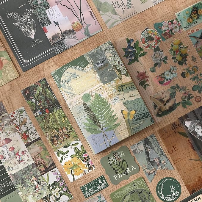 Scrapbook Photo Album Supplies Kit with Tweezers and Glue Tape, Green Aesthetic Vintage Junk Journal Scrapbooking Paper, Sticker Pack, Notebook Craft Supplies, DIY Gift for Adult Men Women (Wild Dome)