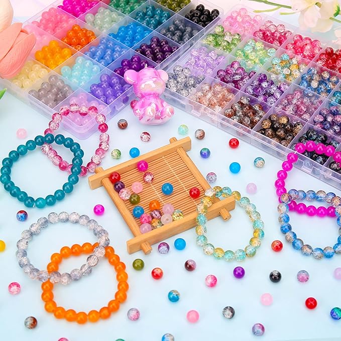 BONNY BOXX 1200 PCs 8mm Round Glass Beads for Jewelry Making, Bulk Crystal Beads in 48 Assorted Colors, Crackle Glass Beads for Bracelets, Necklaces, Earrings, Jewelry Design & DIY Art Projects