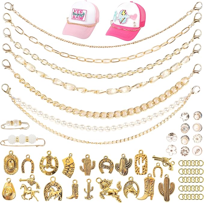 Meneng Cowgirl Hat Accessories Kit: 36PCS Western Trucket Hat Chains Bill Decoration for Women - Bling Metal Detachable Chains Bulk for Mesh Baseball Cap