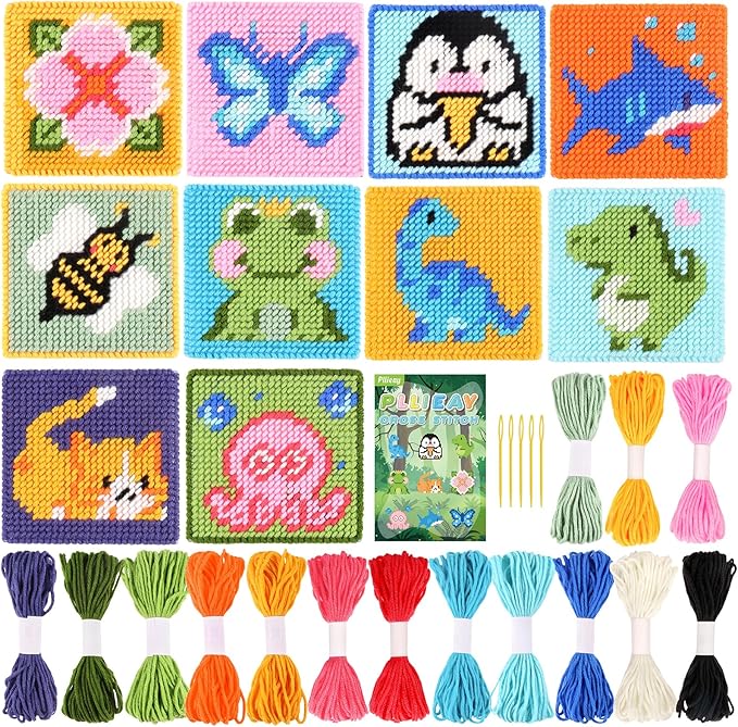 Pllieay 10-in-1 Cross Stitch Beginner Kit for Kids, Embroidery Kit Includes 10pcs Plastic Mesh Canvas with Pattern, 15 Yarns, 5 Weaving Needles, Needle Points Starter Sewing Set with Instructions