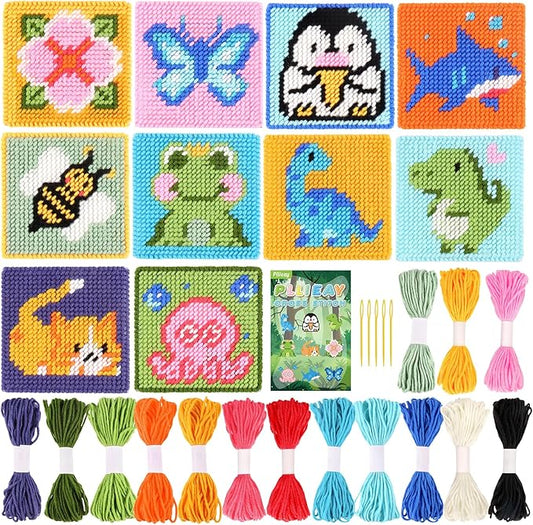 Pllieay 10-in-1 Cross Stitch Beginner Kit for Kids, Embroidery Kit Includes 10pcs Plastic Mesh Canvas with Pattern, 15 Yarns, 5 Weaving Needles, Needle Points Starter Sewing Set with Instructions