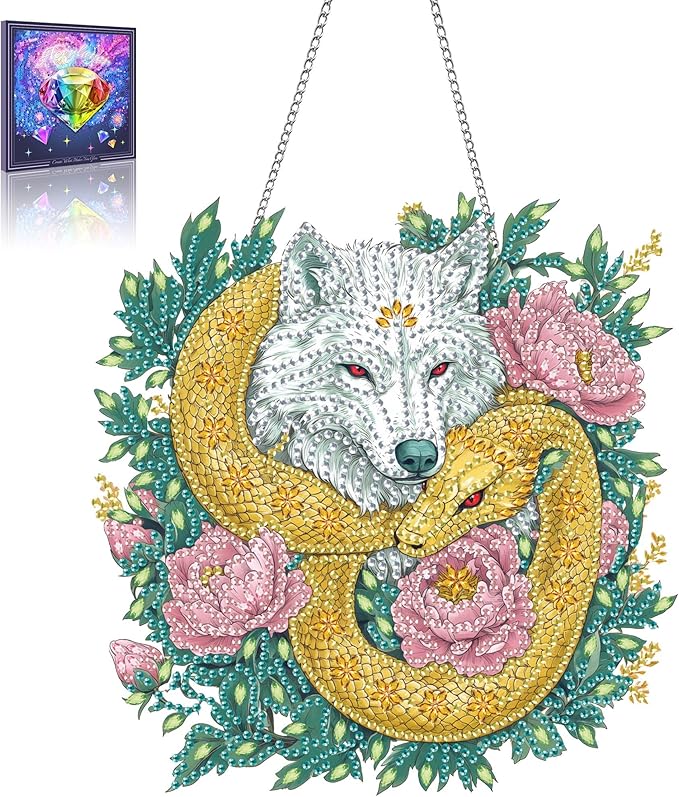 Wergund 5D DIY Wolf Diamond Art Hanging Kits, Hanging Diamond Art Flower, Acrylic Special Shaped Rhinestone, Window Hanging Pendants for Home Wall Garden Front Door Outdoor Decor Gift(Wolf)
