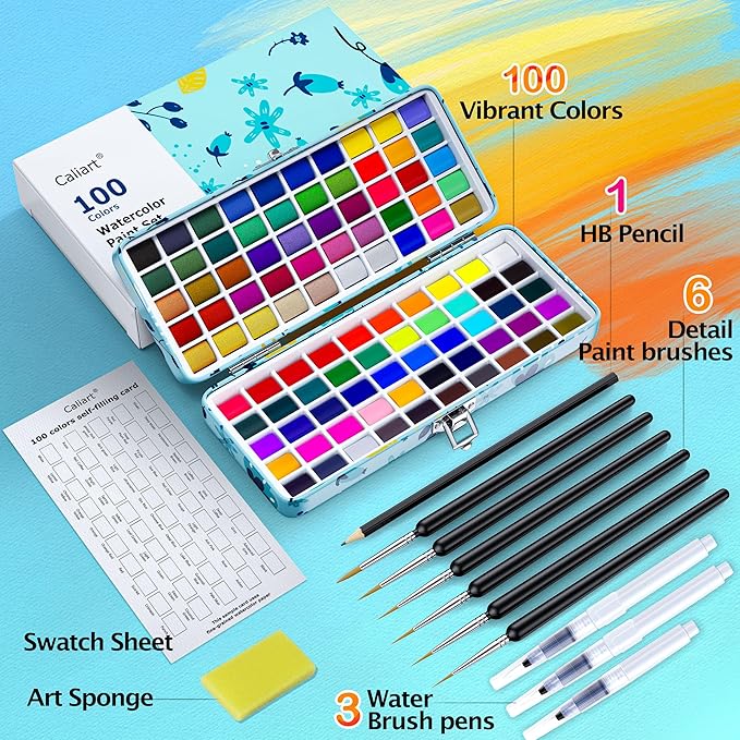 Caliart 100 Colors Watercolor Paint Set, Portable Travel Water Color Palette Kit with Detail Paint Brush, Art Supplies for Painting Coloring, Drawing Gifts for Adults Professional Artists
