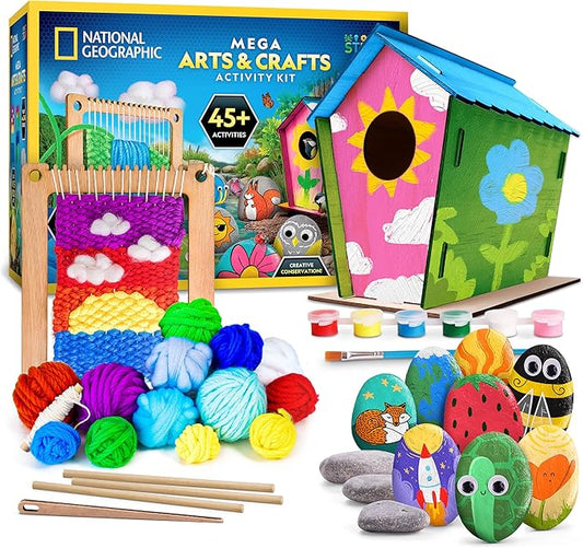 NATIONAL GEOGRAPHIC Mega Arts & Crafts Activity Kit – 3 Craft Kits in 1 to Build, Paint, Weave & Create, River Rock Painting Kit, Weaving Loom for Kids & DIY Birdhouse Craft with 25 Bonus Activities