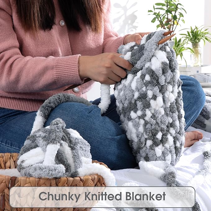 HOMBYS Chunky Tie Dye Mix Chenille Yarn for Hand Knitting, Super Bulky Jumbo Yarn for Crocheting, 3/4" Thick Soft Plush Yarn for Blankets, 8 Skein Pack (26 yds / 7.5 oz Each) Dark Grey Grey White