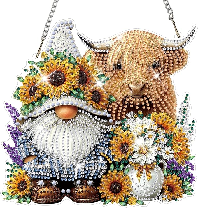 HEIBAGO Cow and Gnome Diamond Art Hanging Kits for Adults, Sunflowers Diamond Art Suncatchers, 5D Special Shape Diamond Painting Pendant Window Ornament Gifts for Home Garden Door Wall Decor 8.3x8.3In