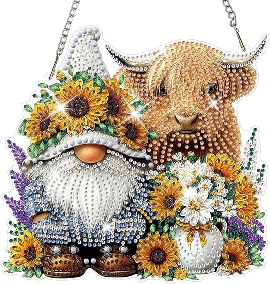 HEIBAGO Cow and Gnome Diamond Art Hanging Kits for Adults, Sunflowers Diamond Art Suncatchers, 5D Special Shape Diamond Painting Pendant Window Ornament Gifts for Home Garden Door Wall Decor 8.3x8.3In
