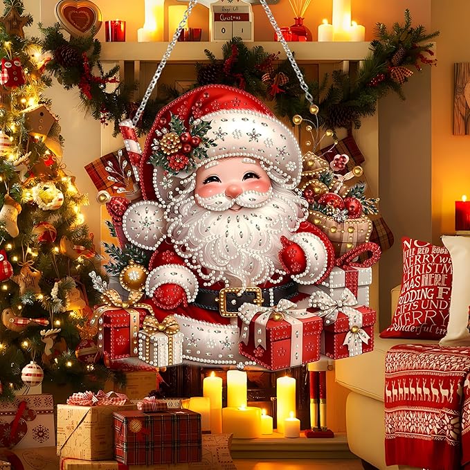 Diamond Art Hanging Kit for Adult,Special Shaped Rhinestone,DIY Acrylic Diamond Art Painting Window Pendants Home Garden Wall Hanging Kits Hanging Ornament,Double Sided. (Father Christmas-1)