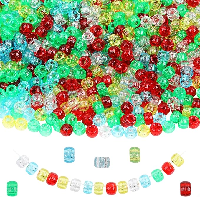 Glitter Pony Beads 1000 Pcs for Friendship Bracelets, Hair Braiding, Necklace, Earrings - 6x9mm Large Hole Plastic Transparent Glittering Beads for Jewelry Making