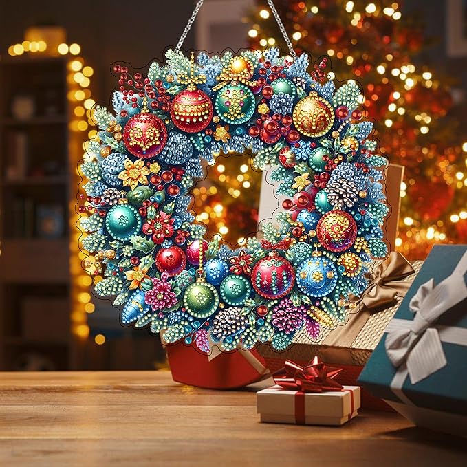 JJFox Diamond Art Hanging Kit for Adult,Special Shaped Rhinestone,Double Sided DIY Acrylic Diamond Art Painting Window Pendants Home Garden Wall Hanging Kits Hanging Ornament (Christmas wreath2)
