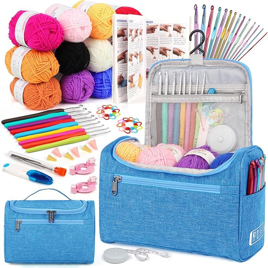 Aeelike Crochet Kit for Beginners Young and Old, First Crochet Kit for Adults Include 23pcs Crocheting Hooks, 655 Yards Yarn Set, Instruction, Bag, Crocheting Accessories and Supplies, Blue
