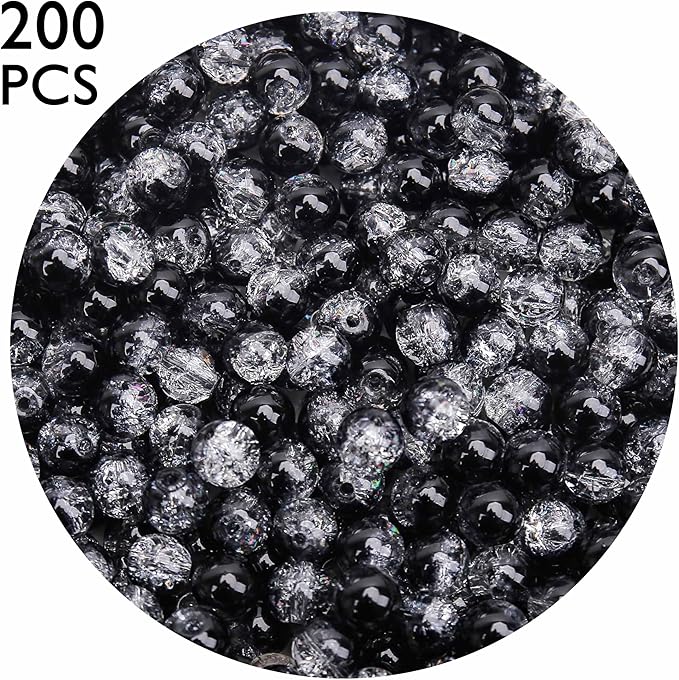200PCs 8mm Black Crackle Glass Beads Bulk, Round Smooth Hole Glass Crystal Beads for Jewelry Making, DIY Bracelets, Necklaces, Bag Charms, Keychains and Craft Projects