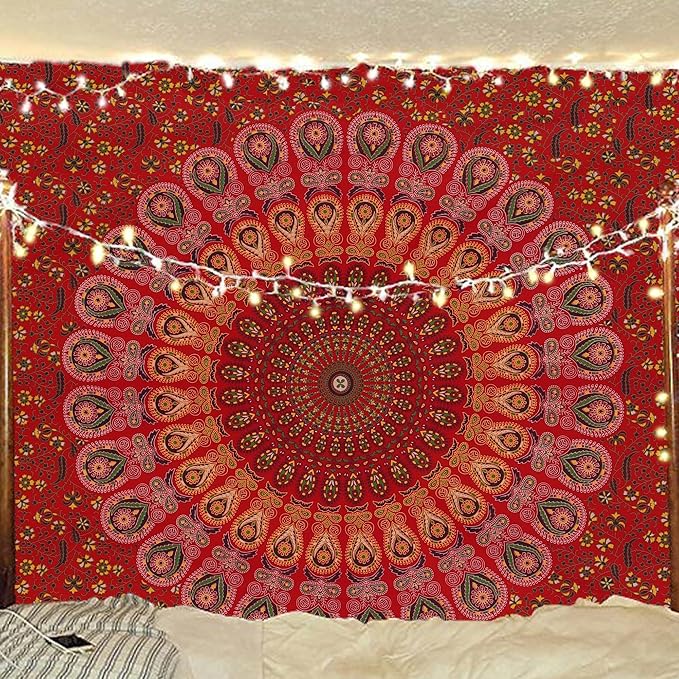 bless international handmade indian hippie bohemian psychedelic peacock mandala wall hanging college dorm beach throws table cloth bedding tapestry (golden red, twin(54x72inches)(140x185cms))
