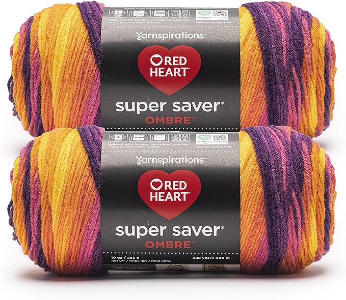 Red Heart Super Saver Ombre Sunset Yarn - 2 Pack of 283g/10oz - 100% Acrylic - #4 Worsted (Medium) - 482 Yards - Knitting/Crochet