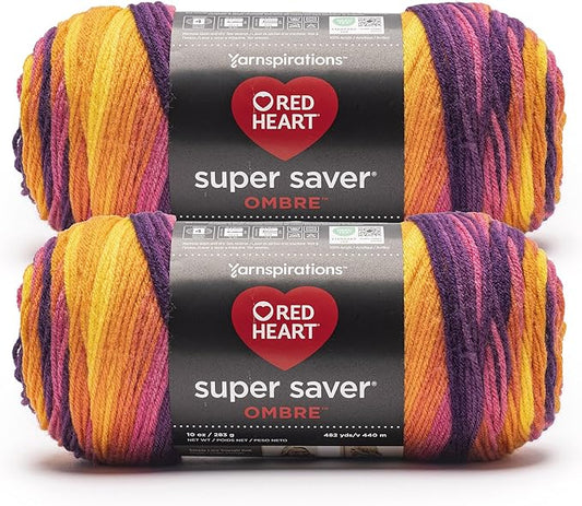 Red Heart Super Saver Ombre Sunset Yarn - 2 Pack of 283g/10oz - 100% Acrylic - #4 Worsted (Medium) - 482 Yards - Knitting/Crochet