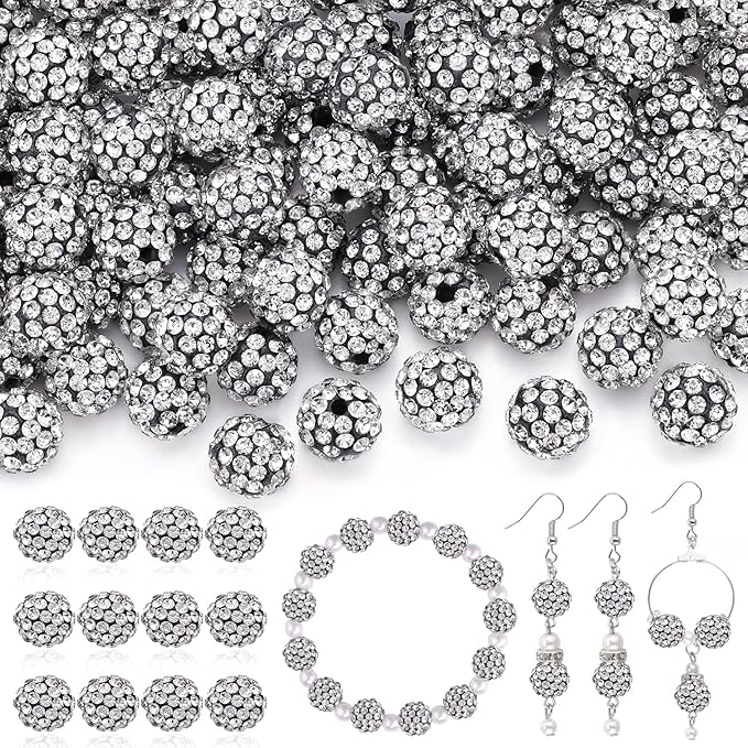 200 pcs black white rhinestone beads for jewelry making, sparkle crystal clay christmas for bracelet baseball necklace earring crafting and diy, shiny round shamballa disco ball beads bulk