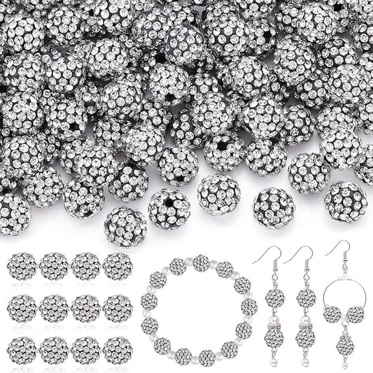 200 pcs black white rhinestone beads for jewelry making, sparkle crystal clay christmas for bracelet baseball necklace earring crafting and diy, shiny round shamballa disco ball beads bulk