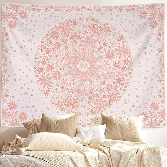 neasow bohemian tapestry wall hanging, pink floral tapestry with dotted daisy medallion print bedroom boho hippie home decor, 60x80 inches