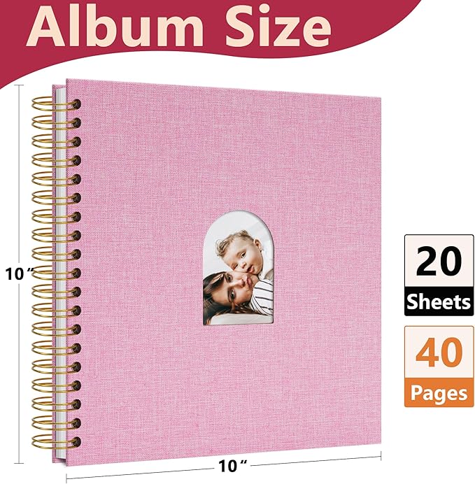 Vienrose 10X10 Inch DIY Scrapbook Album Linen Arch Window Photo Album 20 Blank Pages Scrap Book Photo Albums for Wedding Baby Shower, Pink