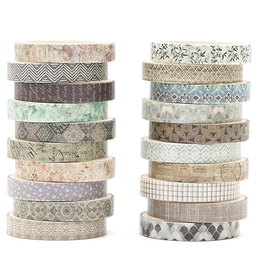 20 Rolls Skinny Vintage Washi Tape Set Retro Arts Adhesive Tapes Basic Patterns Decorative Masking Tape Sets for Craft, Kids, Scrapbook, DIY, Gift Wrapping (First Encounter)