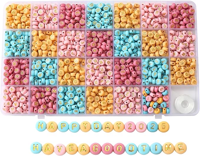 nikkiGuo 1250pcs 4x7mm White Round Acrylic Alphabet Beads A-Z Heart Beads with Numbers Crystal Line for Jewelry Bracelet, Necklace and Key Chains (Flat Round Color Plus Gold)