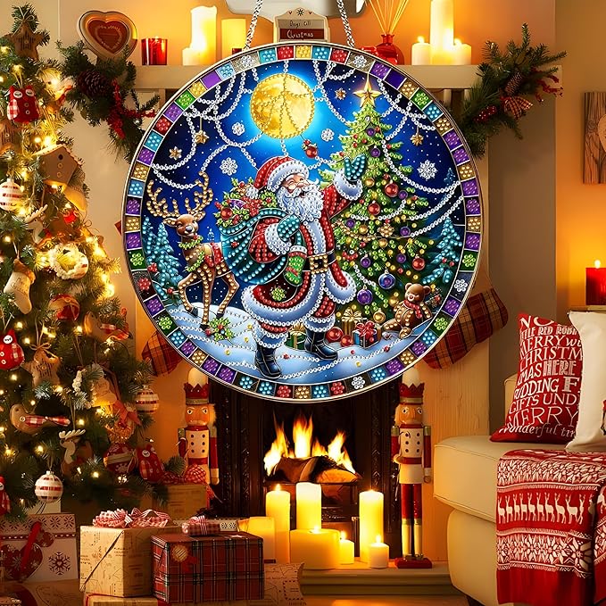 DIY Diamond Art Painting Wreath Kits，Special Shaped Rhinestone Hanging Ornament Diamond Art Window Pendants for Gift Home Garden Wall Hanging Kits,Double Sided (Santa Claus-1)