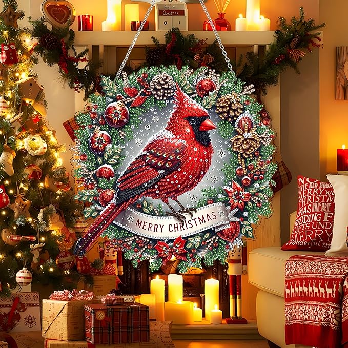 JJFox Diamond Art Hanging Kit for Adult,Special Shaped Rhinestone,DIY Acrylic 5D Diamond Art Painting Window Pendants Home Garden Wall Hanging Kits Hanging Ornament,Double Sided. (Christmas Cardinal)