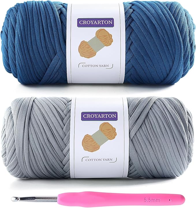 2 Pack Tshirt Yarn for Crocheting, Elastic T Shirt Spaghetti Thick Knitting Yarn Total Length 130 Yds for Crochet Bag Baskets Home Decor with 1 Crochet Hook (Light Gray+Dark Blue)