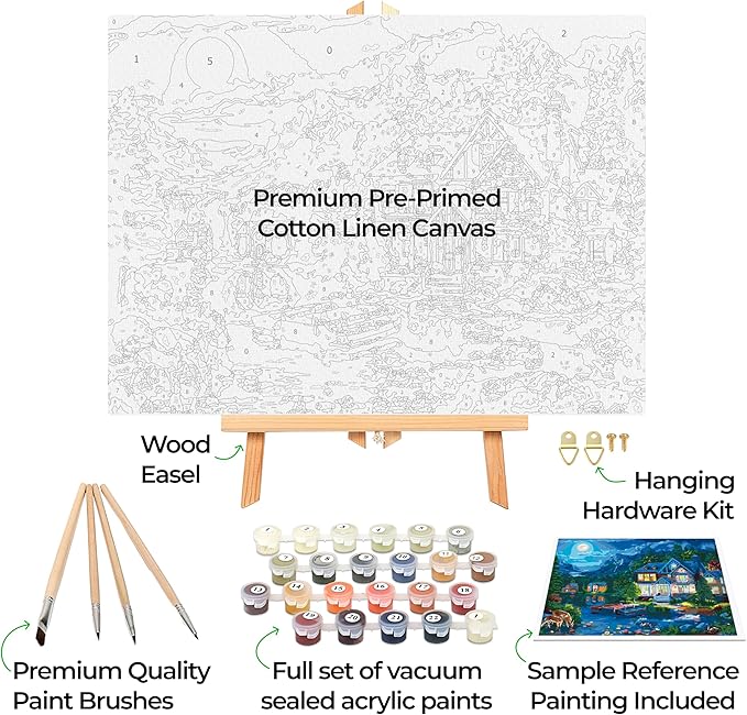 Ledgebay DIY Paint by Numbers Kit for Adults Framed Canvas Beginner to Advanced Paint by Numbers Kit Kits Include Acrylic Paint Set Brushes Tabletop Easel (House Near The Lake 12"x16" Framed)