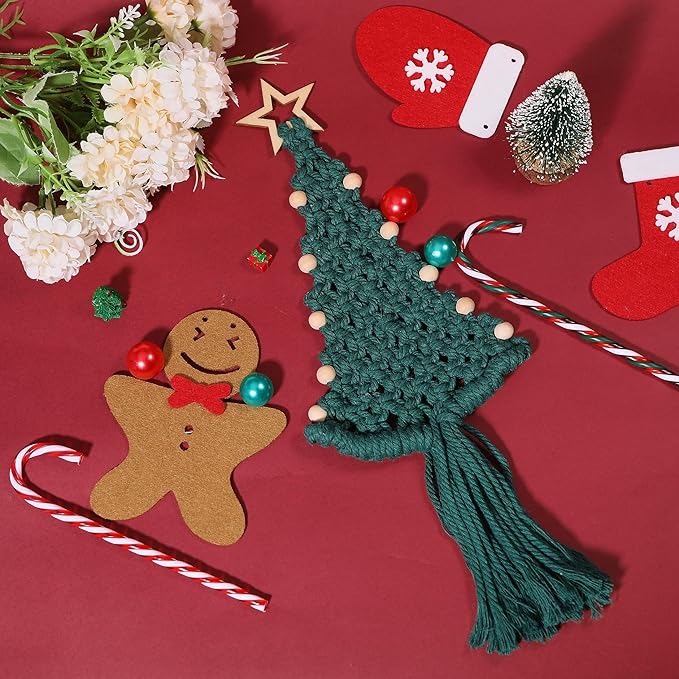 FREEBLOSS 4 Set Christmas Tree Macrame DIY Kit for Beginners Christmas Tree Hanging Ornaments for Holiday Wall Hanging, Come with Step by Step Tutorial