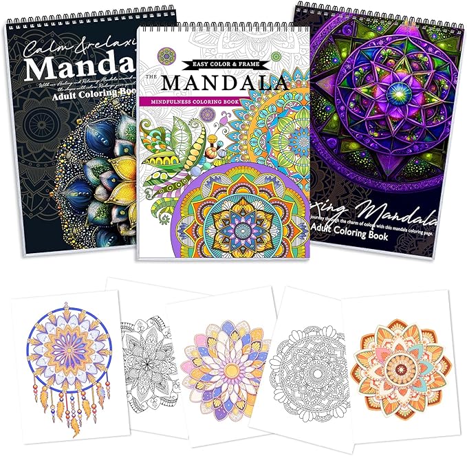 3Pcs Adult Coloring Book Spiral Bound, Mandala Coloring Book for Adult Relaxation, Original Design with 72 Patterns, Thick Paper One Sided Design, Hand-Drawn Design, Anxiety Relief Mindfulness Gifts