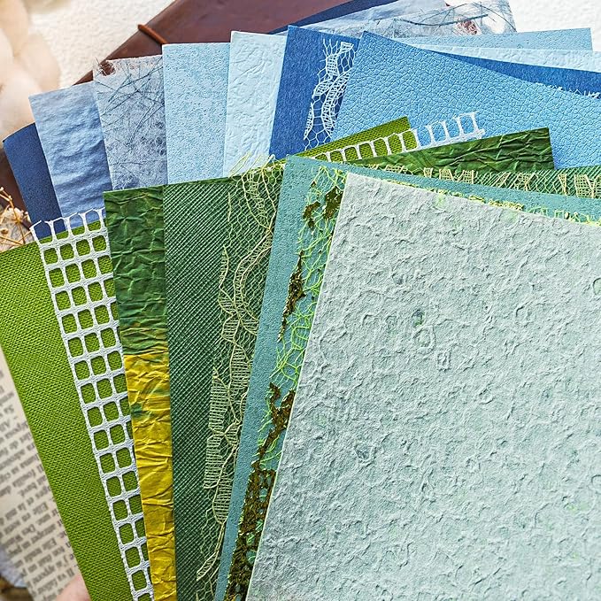 30 sheets Christmas Handmade Textured Scrapbook Paper&Mesh Fabric set - Unique Craft Mulberry Special Rice Paper Mix for Scrapbooking Junk Journaling Supplies Card Making Collage,A5 5.8x8.2 Inch