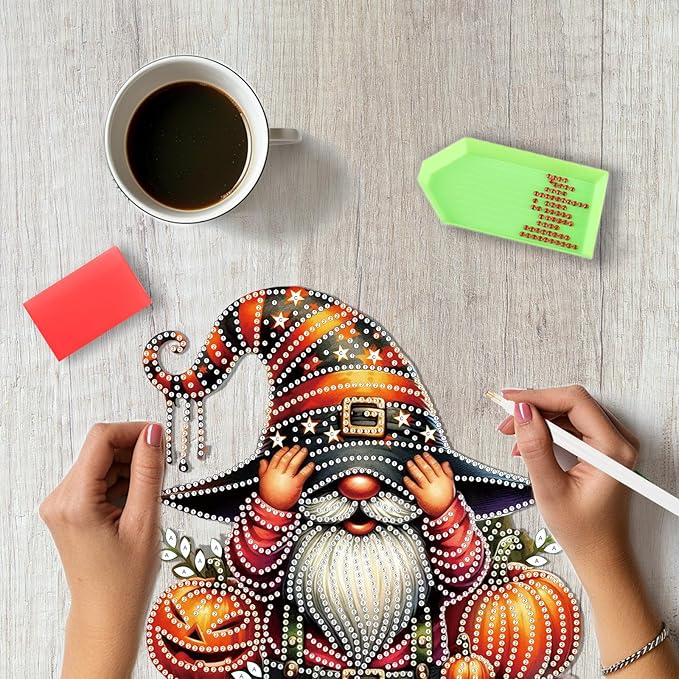 SENQAO Halloween Gnome Pumpkin Diamond Art Hanging Kits for Adults Beginners, DIY Acrylic 5D Special Shaped Crystal Diamond Gem Art Painting Hanging Ornament for Home Wall Decor and Gift