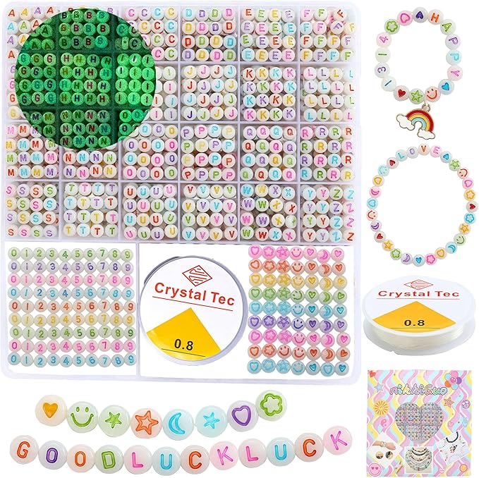 nikkiGuo 1250 PCS Letter Beads Kit with Elastic Cord – Alphabet A–Z, Numbers, Heart, Moon, Star, Smiley Beads for Friendship Bracelets & DIY Jewelry (Glow in The Dark & Colorful Letters)