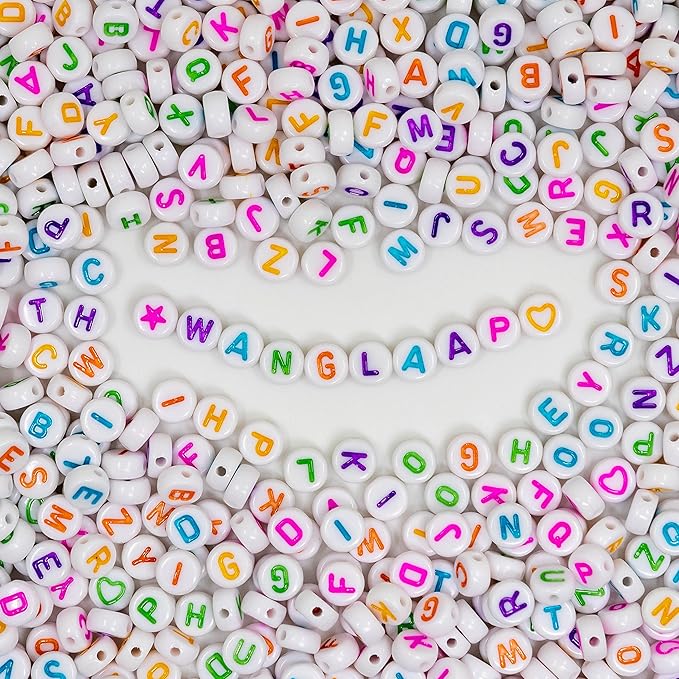1450Pcs Acrylic 4x7mm Round Letter Beads Kits Alphabet A-Z (Extra for Vowel Letter) Colorful Heart and Star Beads for Bracelets Necklaces DIY Jewelry Making (White and Color)