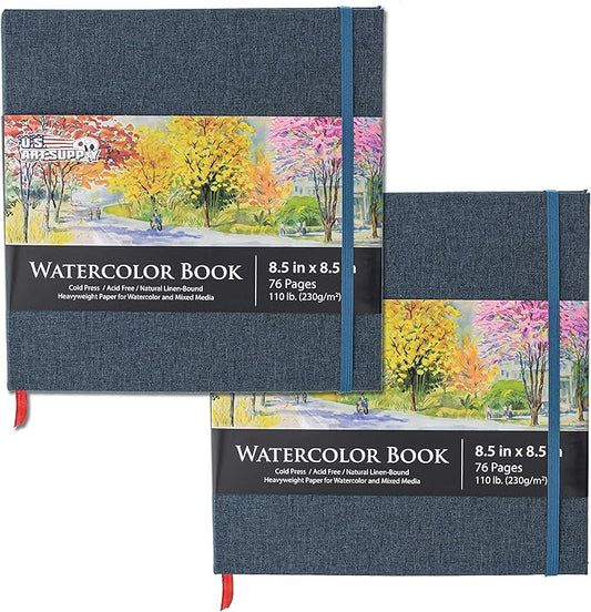 U.S. Art Supply 8.5" x 8.5" Watercolor Book (2 Pack, 76 Sheets Each) - 110lb (230 GSM) Linen-Bound Hardcover Artist Paper Pads - Acid-Free Cold-Pressed Watercolor Paper Pad Mixed Media