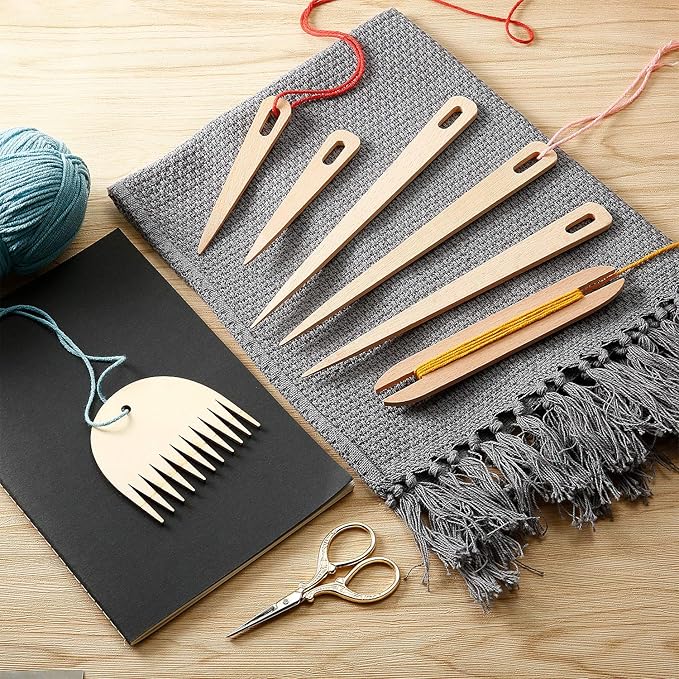 WILLBOND 7 Pieces Wood Hand Loom Stick Set Include 5 Pieces Wood Weaving Crochet Needle with Shuttles Weaving Stick and Weaving Comb for Knitted Crafts DIY