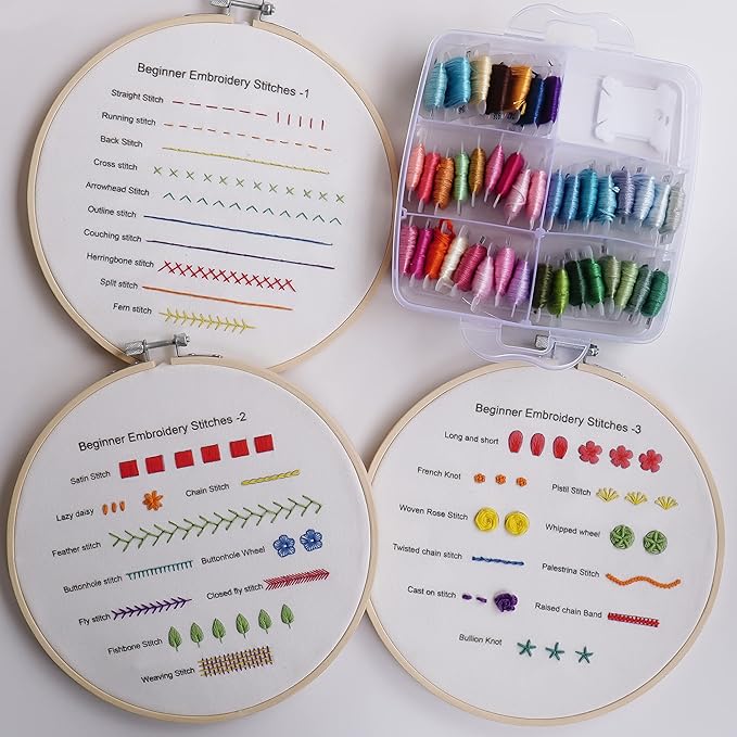Bonroy Beginners Embroidery Practice kit 3 Sets to Learn 30 Different Stitches for Craft Lover Hand Stitch with Embroidery Fabric with Skill Techniques
