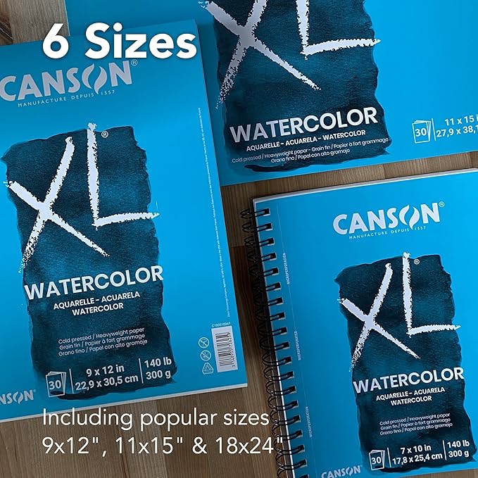 Canson XL Series Watercolor Cold Press Textured Paper Pad for Paint, Pencil, Ink, Charcoal, Pastel, and Acrylic, 140 lb. (300 GSM), Tape-Bound, 9" x 12", 30 Sheets/Pad, Pack of 3