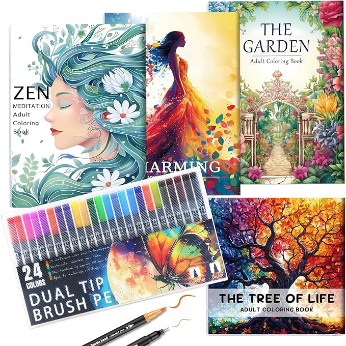 Adult Coloring Book for Women Relaxation, Mindfulness Coloring Book with 24 Dual Tip Markers, Stress Relief Gifts for Women with 128 Patterns Include Tree Garden Zen Meditation Style (4 Pack)