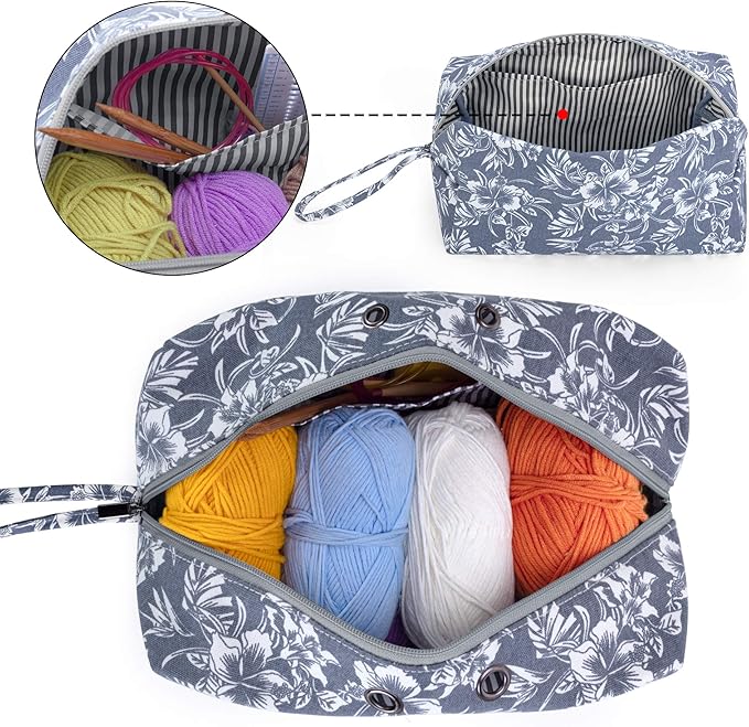 LUXJA Yarn Storage Bag, Carrying Knitting Bag for Yarn Skeins, Crochet Hooks, Knitting Needles (up to 10 Inches) and Other Small Accessories (Large, Flowers)