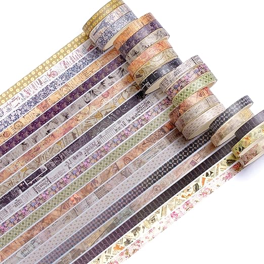 20 Rolls Skinny Vintage Washi Tape Set Retro Arts Adhesive Tapes Basic Patterns Decorative Masking Tape Sets for Craft, Kids, Scrapbook, DIY, Gift Wrapping (Remaining Joy)